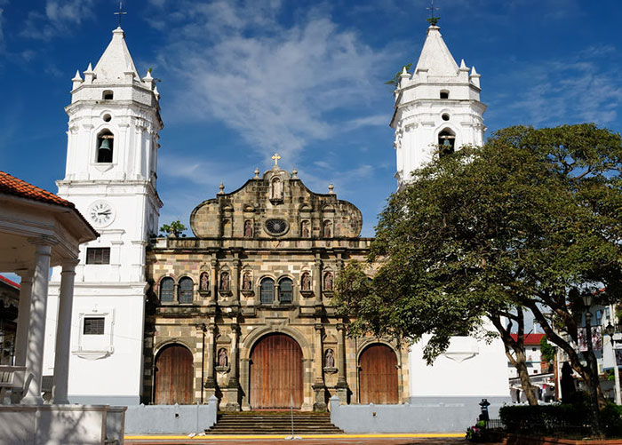Panama, Casco Veijo is historical colonial center of Panama City. Cityscape - old town - Basilica of the Mother of God